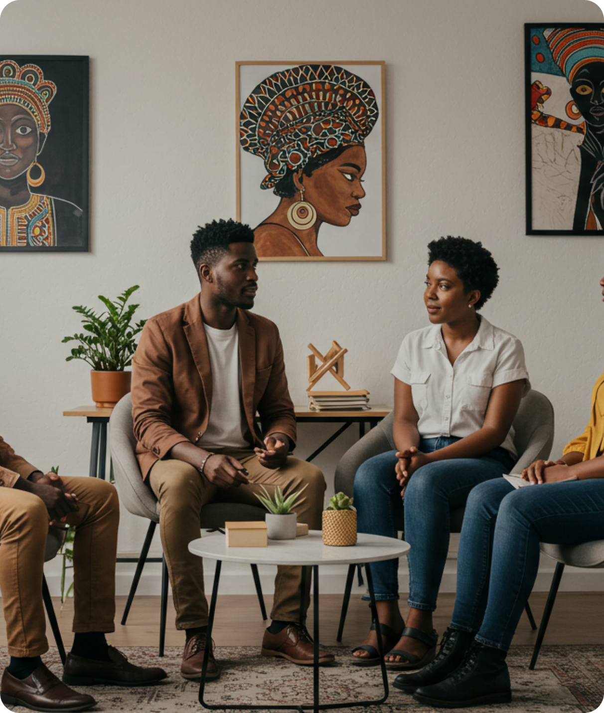 Two people sitting in a modern living room with African art